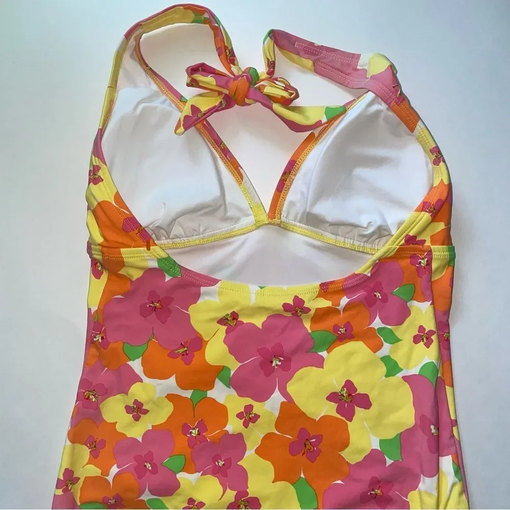 Lilly Pulitzer One Piece Swimsuit Pink Yellow Floral Halter Top Size Small